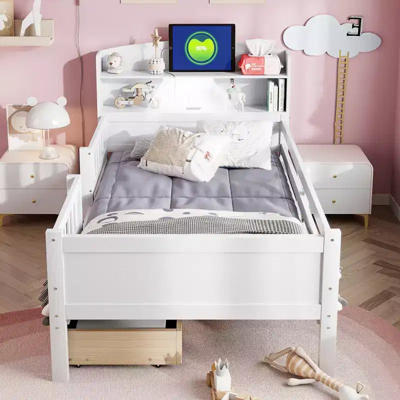 Lit de plateforme double en bois avec lumière LED intégrée, tête de lit multifonctionnelle, rail de protection et tiroirs