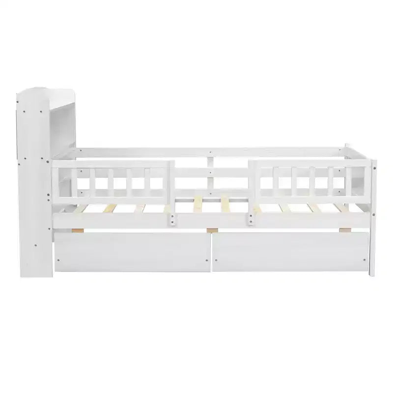 Lit de plateforme double en bois avec lumière LED intégrée, tête de lit multifonctionnelle, rail de protection et tiroirs