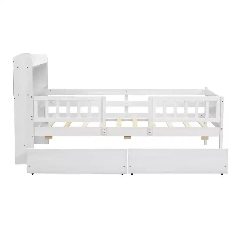 Lit de plateforme double en bois avec lumière LED intégrée, tête de lit multifonctionnelle, rail de protection et tiroirs