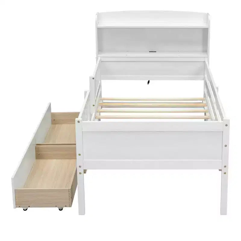 Lit de plateforme double en bois avec lumière LED intégrée, tête de lit multifonctionnelle, rail de protection et tiroirs