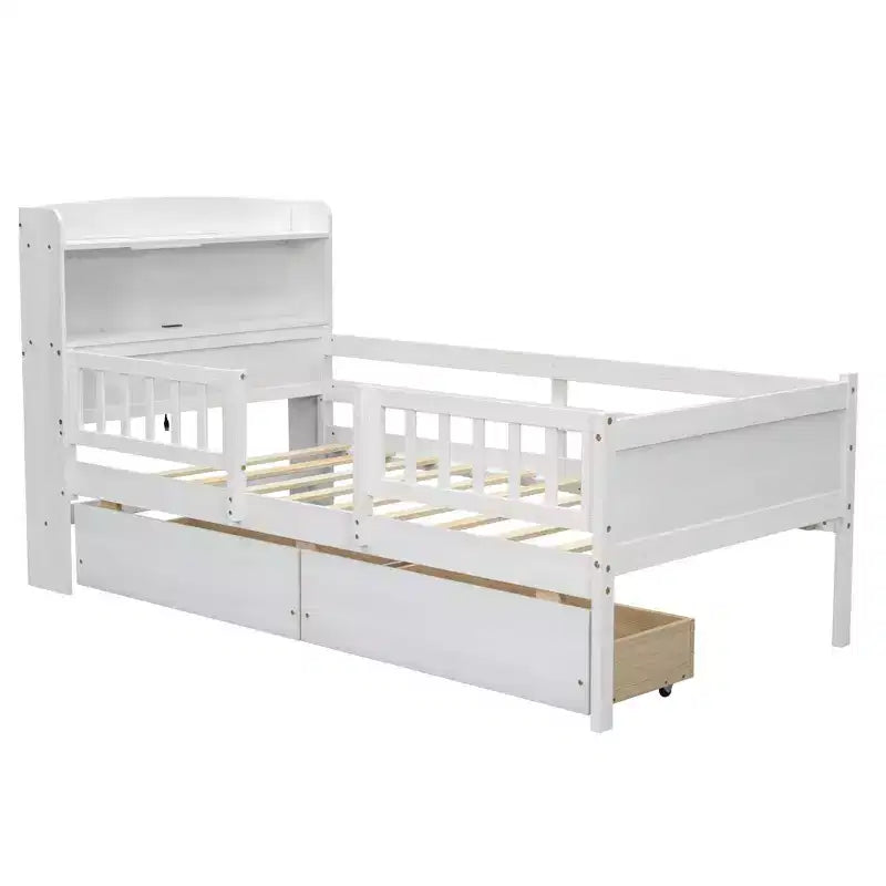 Lit de plateforme double en bois avec lumière LED intégrée, tête de lit multifonctionnelle, rail de protection et tiroirs