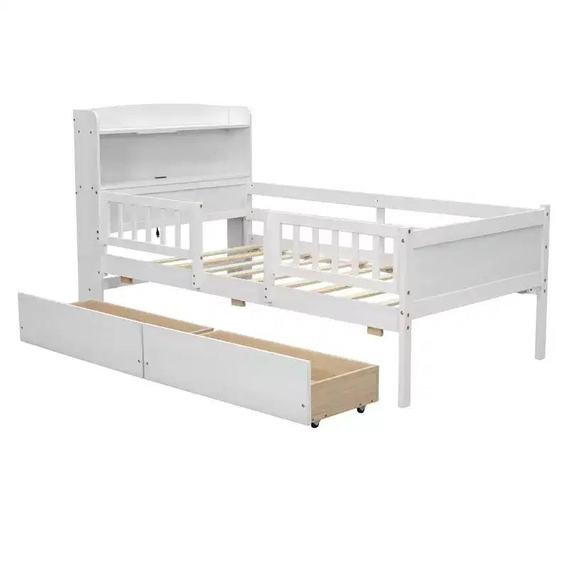 Lit de plateforme double en bois avec lumière LED intégrée, tête de lit multifonctionnelle, rail de protection et tiroirs