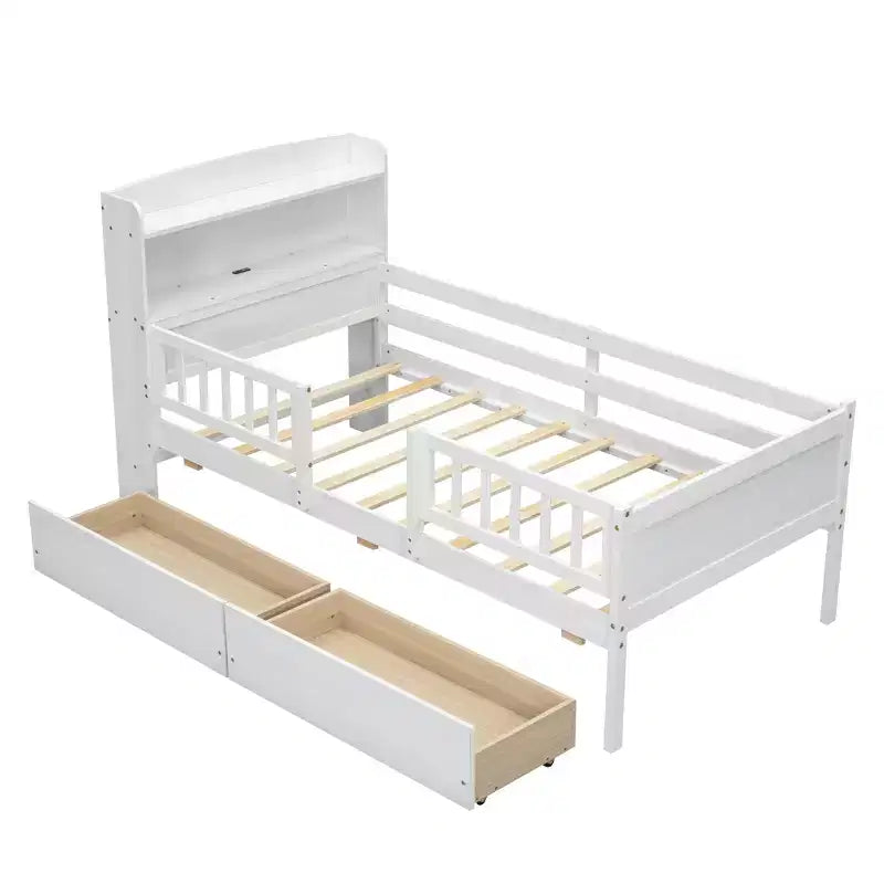 Lit de plateforme double en bois avec lumière LED intégrée, tête de lit multifonctionnelle, rail de protection et tiroirs