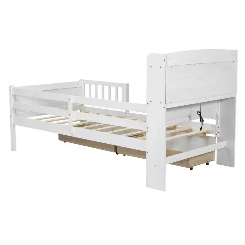 Lit de plateforme double en bois avec lumière LED intégrée, tête de lit multifonctionnelle, rail de protection et tiroirs