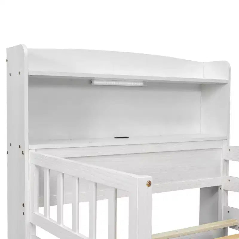 Lit de plateforme double en bois avec lumière LED intégrée, tête de lit multifonctionnelle, rail de protection et tiroirs