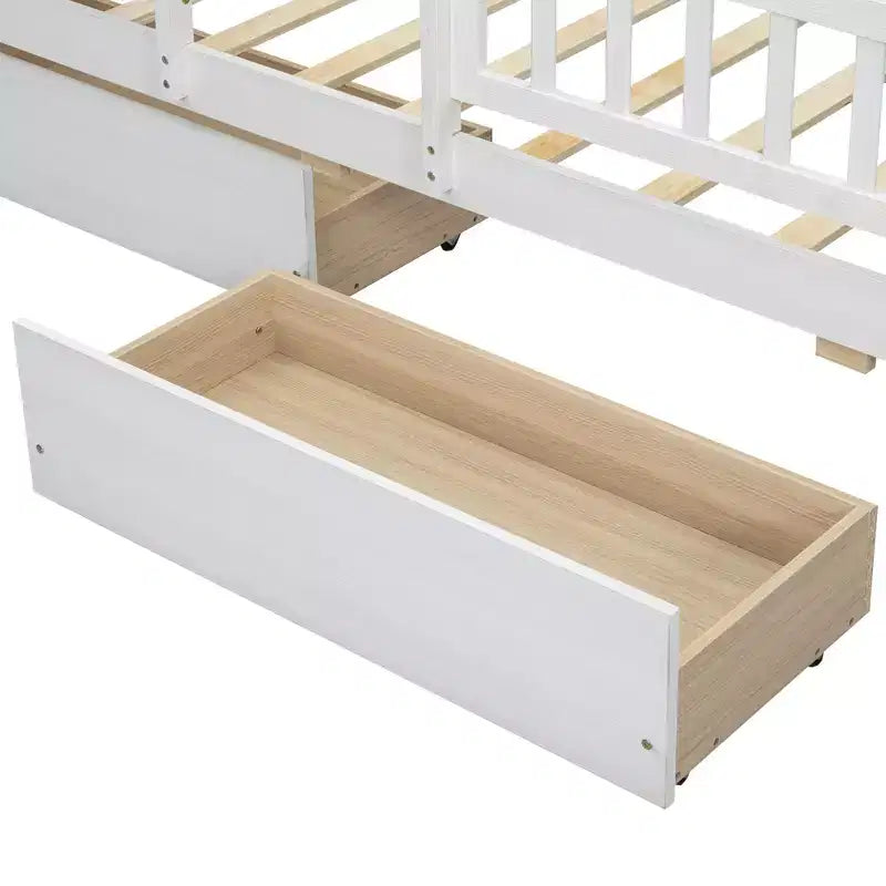 Lit de plateforme double en bois avec lumière LED intégrée, tête de lit multifonctionnelle, rail de protection et tiroirs
