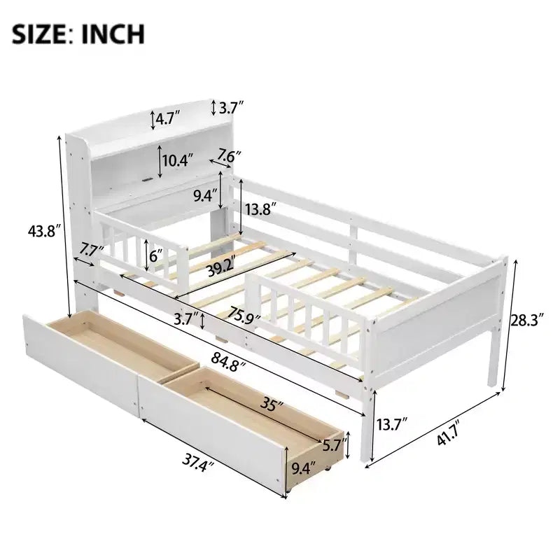 Lit de plateforme double en bois avec lumière LED intégrée, tête de lit multifonctionnelle, rail de protection et tiroirs