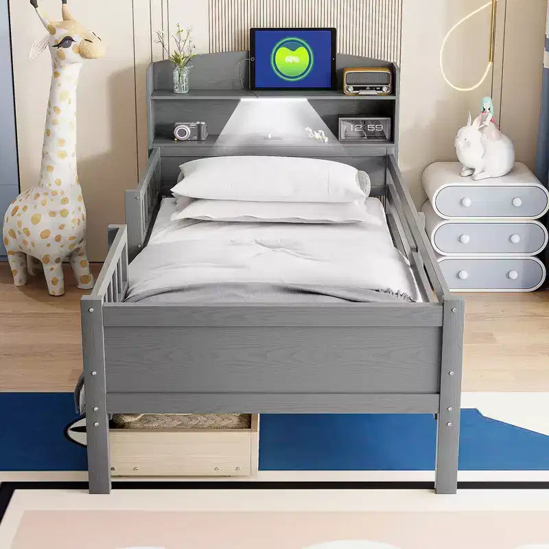Lit de plateforme double en bois avec lumière LED intégrée, tête de lit multifonctionnelle, rail de protection et tiroirs
