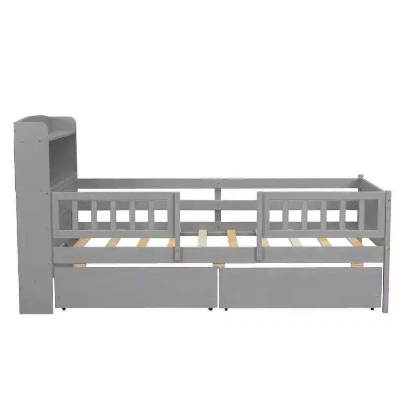 Lit de plateforme double en bois avec lumière LED intégrée, tête de lit multifonctionnelle, rail de protection et tiroirs