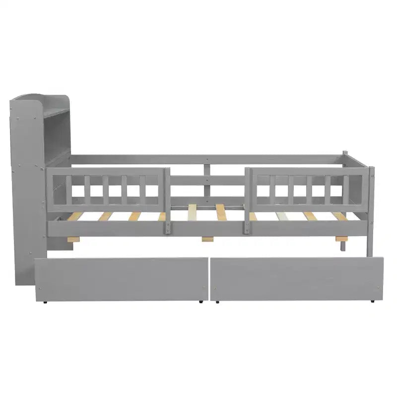 Lit de plateforme double en bois avec lumière LED intégrée, tête de lit multifonctionnelle, rail de protection et tiroirs
