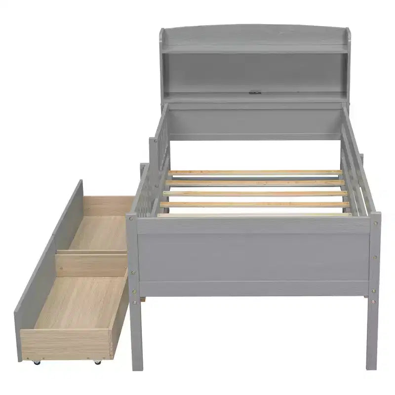 Lit de plateforme double en bois avec lumière LED intégrée, tête de lit multifonctionnelle, rail de protection et tiroirs
