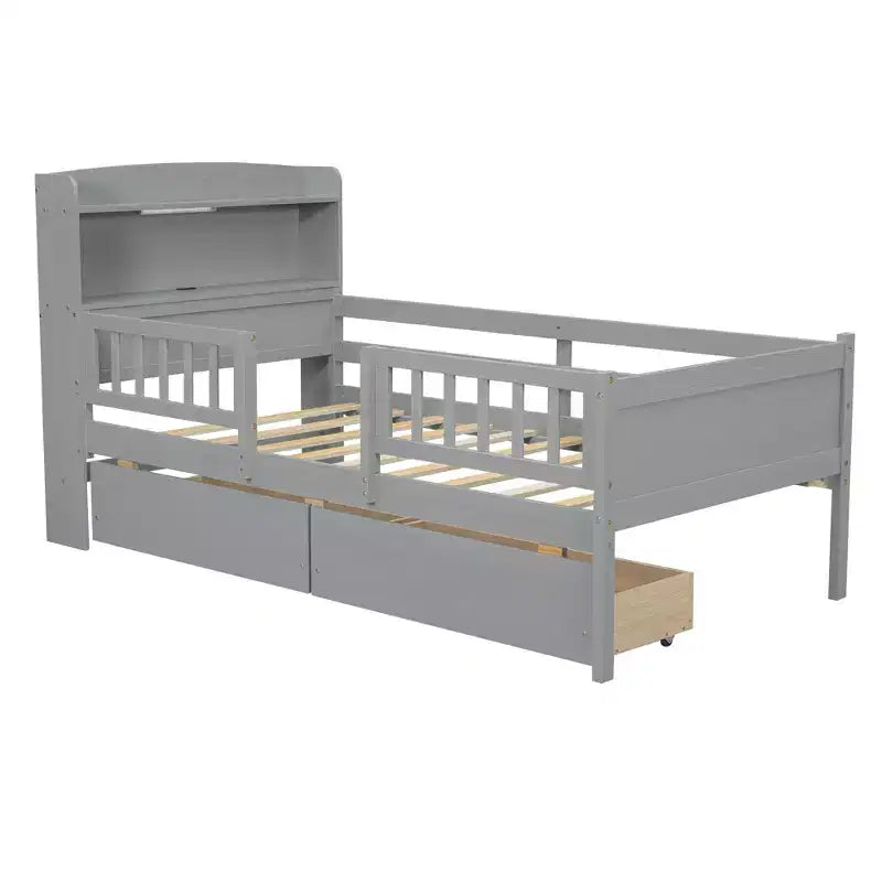 Lit de plateforme double en bois avec lumière LED intégrée, tête de lit multifonctionnelle, rail de protection et tiroirs
