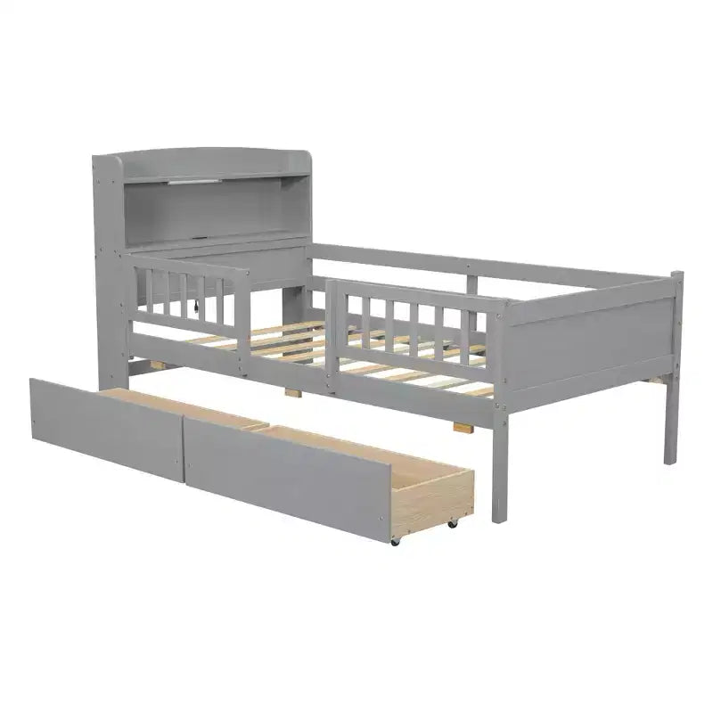 Lit de plateforme double en bois avec lumière LED intégrée, tête de lit multifonctionnelle, rail de protection et tiroirs