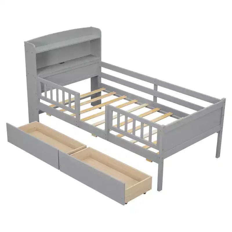 Lit de plateforme double en bois avec lumière LED intégrée, tête de lit multifonctionnelle, rail de protection et tiroirs
