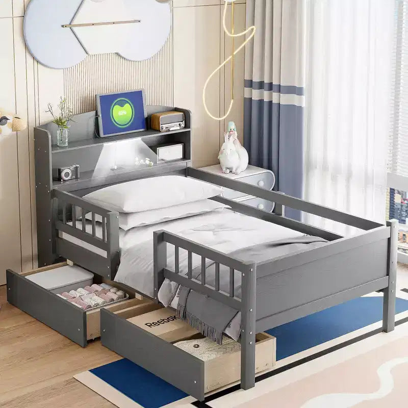 Whisen Twin Size Wood Platform Bed with Built-in LED Light, Multi-functional Headboard, Guardrail and Drawers