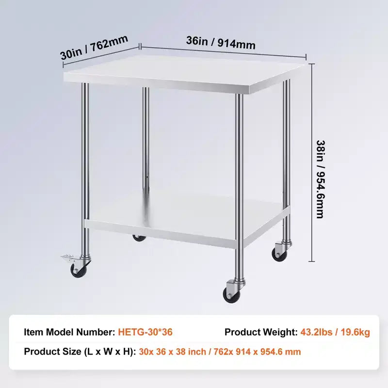 Table de travail en acier inoxydable 30x36x38 pouces, 4 roulettes pivotantes, étagère réglable sur 3 niveaux