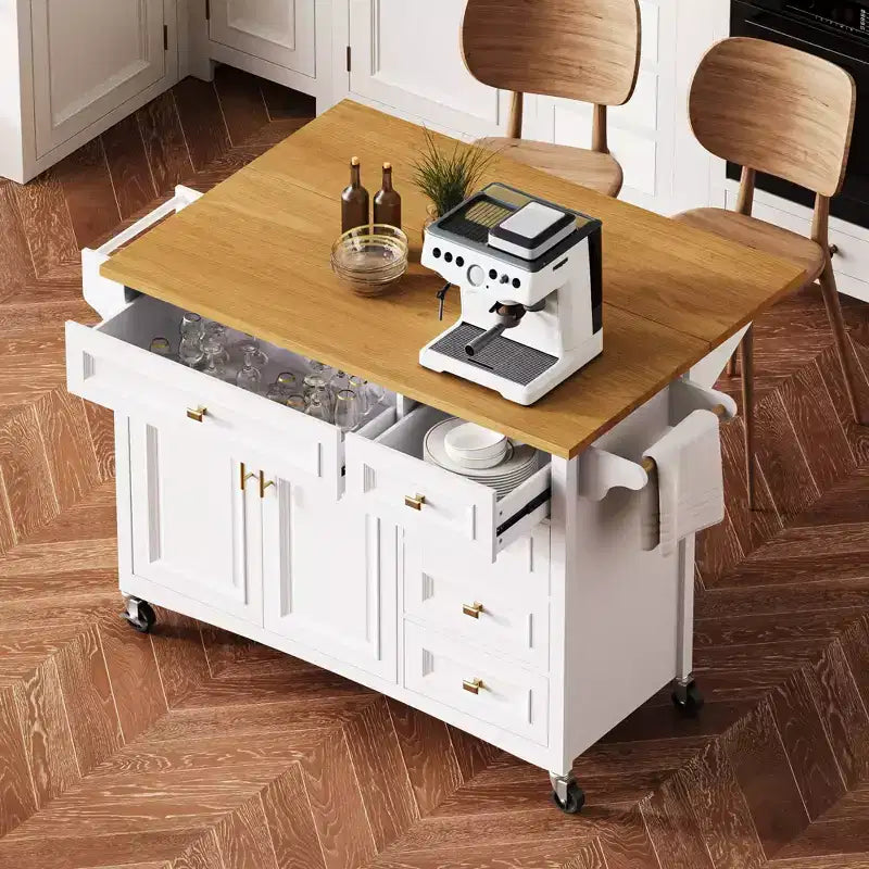 Îlot de cuisine 52'' avec abattant, étagères intégrées, tiroirs et étagère réglable, îlot de cuisine sur roulettes