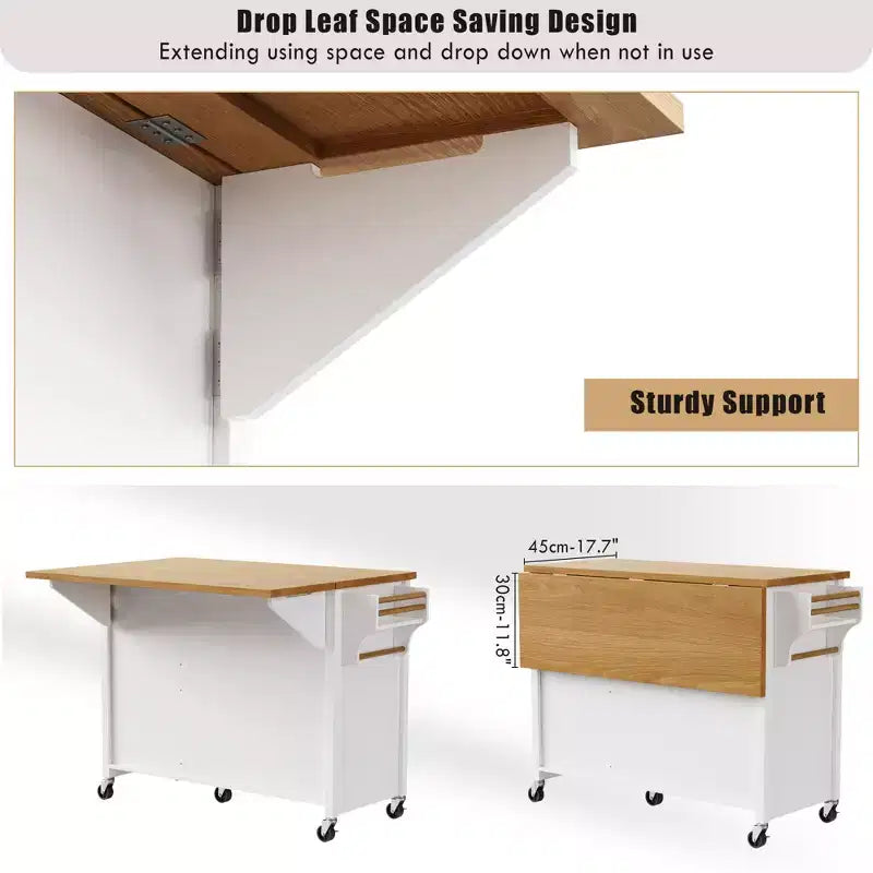 Îlot de cuisine 52'' avec abattant, étagères intégrées, tiroirs et étagère réglable, îlot de cuisine sur roulettes