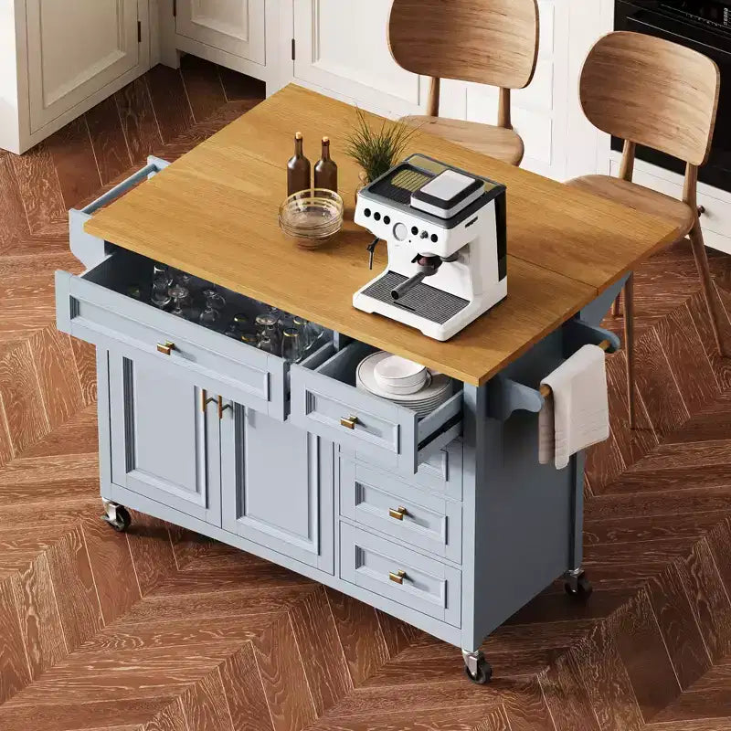 Îlot de cuisine 52'' avec abattant, étagères intégrées, tiroirs et étagère réglable, îlot de cuisine sur roulettes