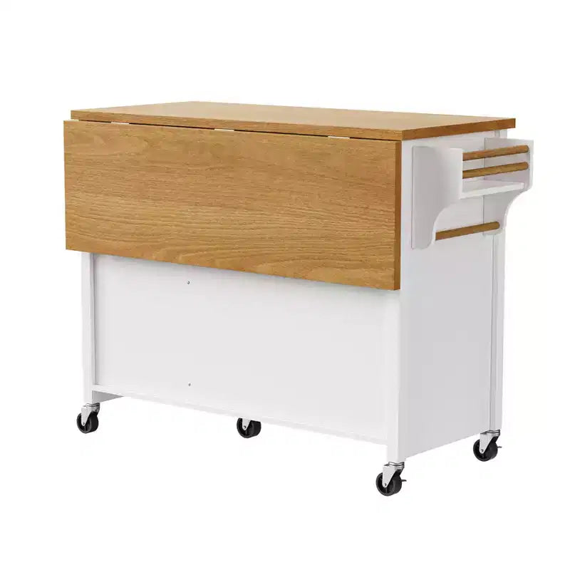 Îlot de cuisine 52'' avec abattant, étagères intégrées, tiroirs et étagère réglable, îlot de cuisine sur roulettes