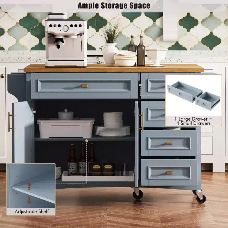 Îlot de cuisine 52'' avec abattant, étagères intégrées, tiroirs et étagère réglable, îlot de cuisine sur roulettes