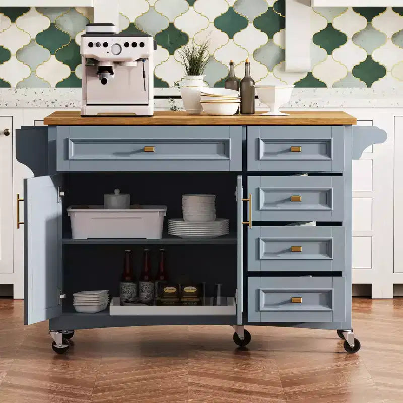Îlot de cuisine 52'' avec abattant, étagères intégrées, tiroirs et étagère réglable, îlot de cuisine sur roulettes
