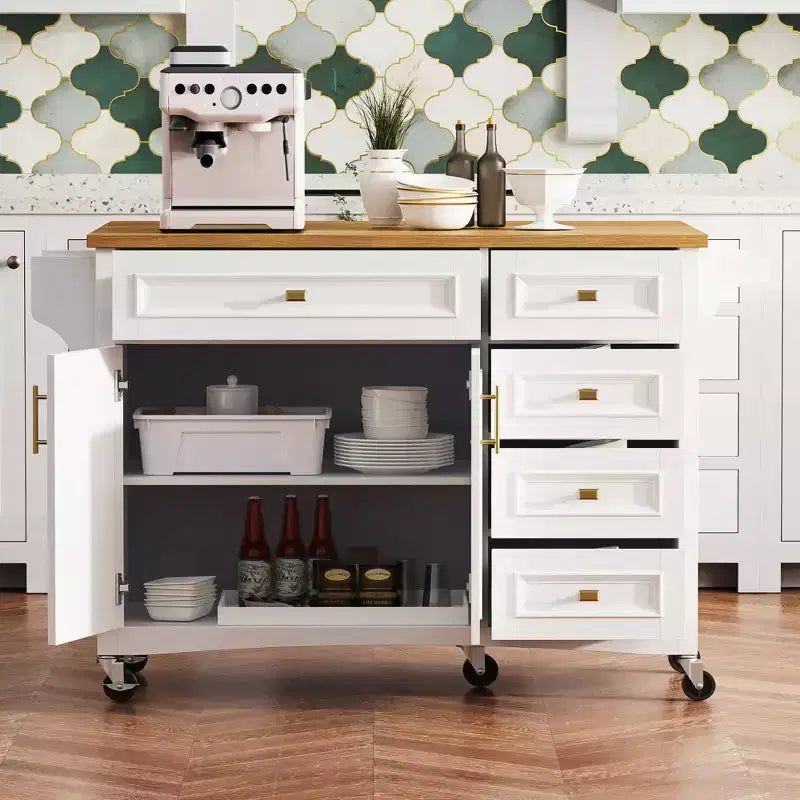 Whisen 52'' Kitchen Island with Drop Leaf, Built-in Racks, Drawers and Adjustable Shelf, Kitchen Island on Wheels