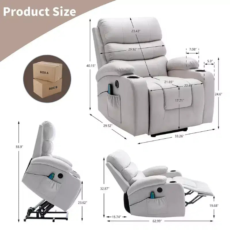 Fauteuil inclinable releveur avec massage et chauffage – Bleu / Marron / Blanc