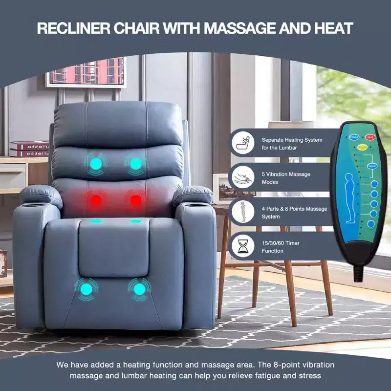 Fauteuil inclinable releveur avec massage et chauffage – Bleu / Marron / Blanc