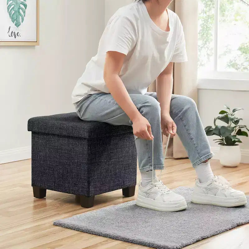 Pouffe de rangement carré en lin de 38 cm avec pieds