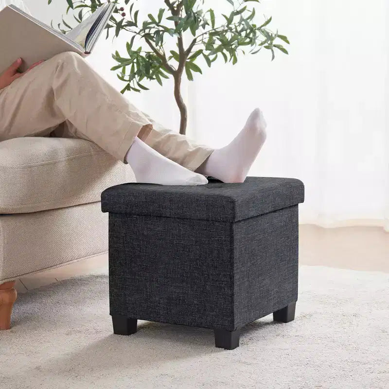 Pouffe de rangement carré en lin de 38 cm avec pieds