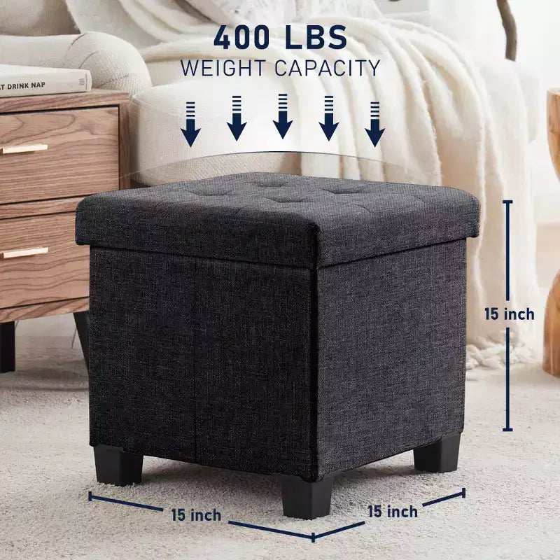 Pouffe de rangement carré en lin de 38 cm avec pieds