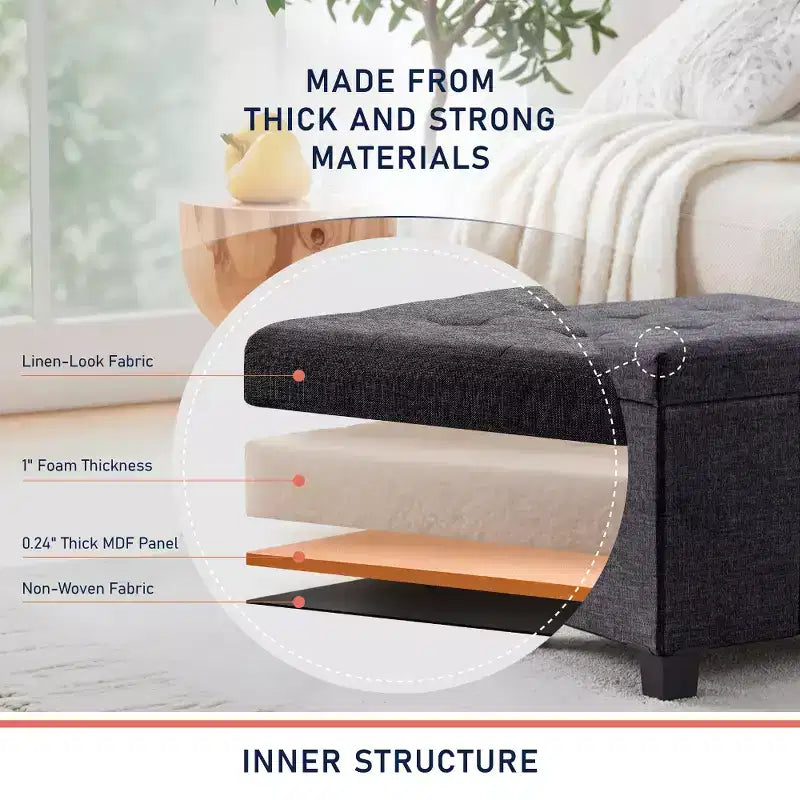 Pouffe de rangement carré en lin de 38 cm avec pieds