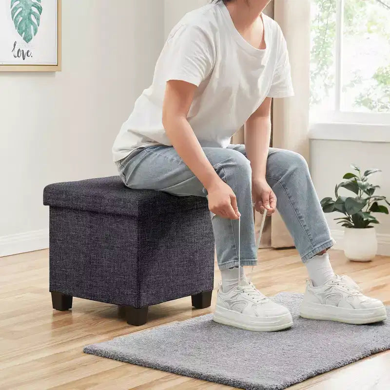 Pouffe de rangement carré en lin de 38 cm avec pieds