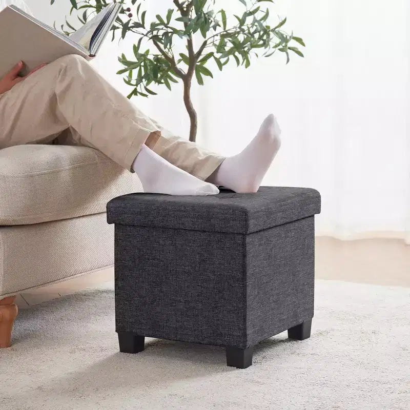Pouffe de rangement carré en lin de 38 cm avec pieds