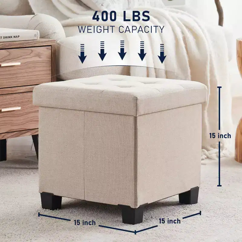 Pouffe de rangement carré en lin de 38 cm avec pieds