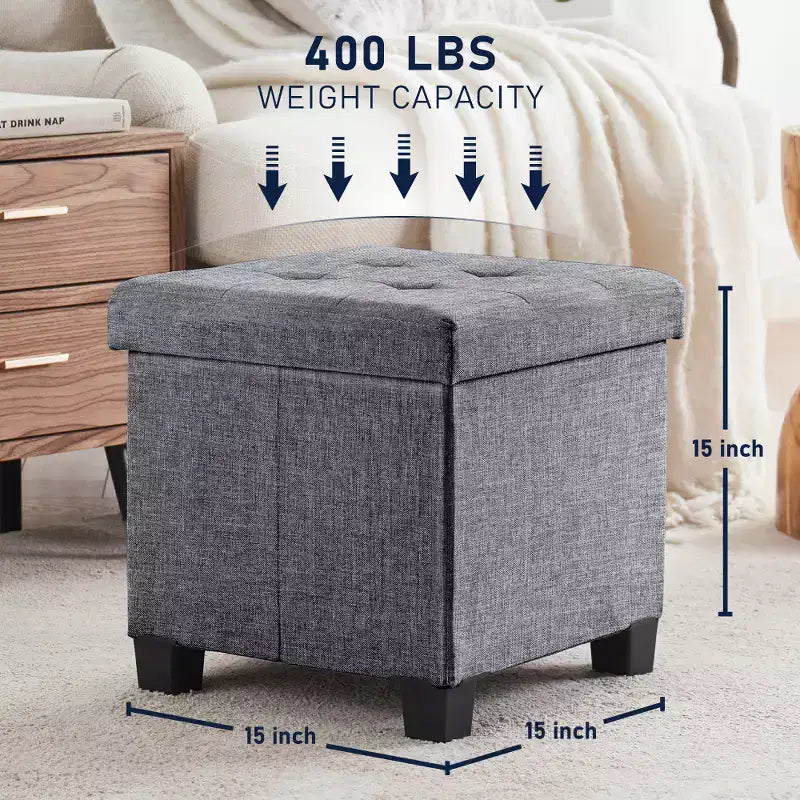 Pouffe de rangement carré en lin de 38 cm avec pieds