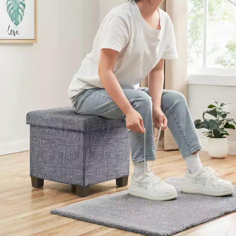 Pouffe de rangement carré en lin de 38 cm avec pieds