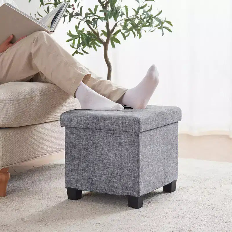 Pouffe de rangement carré en lin de 38 cm avec pieds