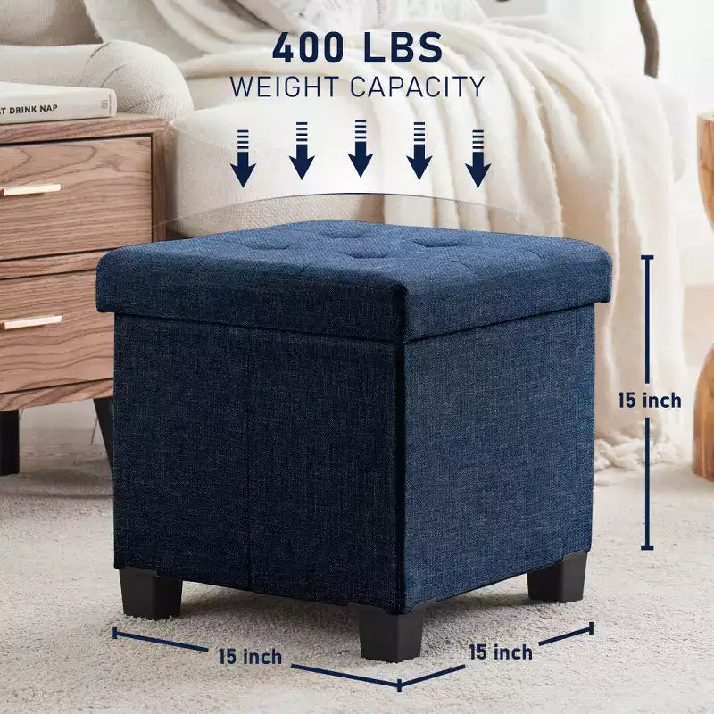 Pouffe de rangement carré en lin de 38 cm avec pieds
