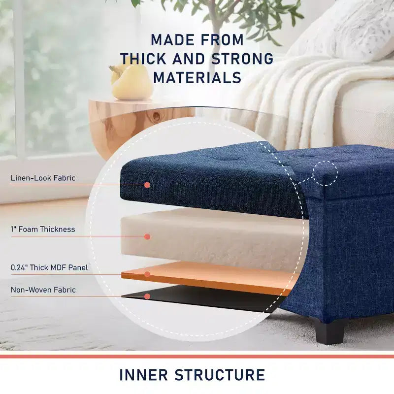 Pouffe de rangement carré en lin de 38 cm avec pieds