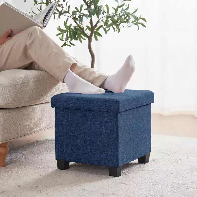 Pouffe de rangement carré en lin de 38 cm avec pieds