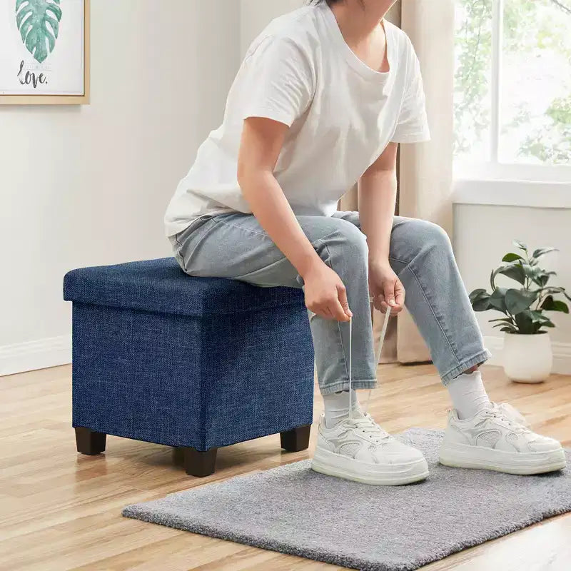 Pouffe de rangement carré en lin de 38 cm avec pieds