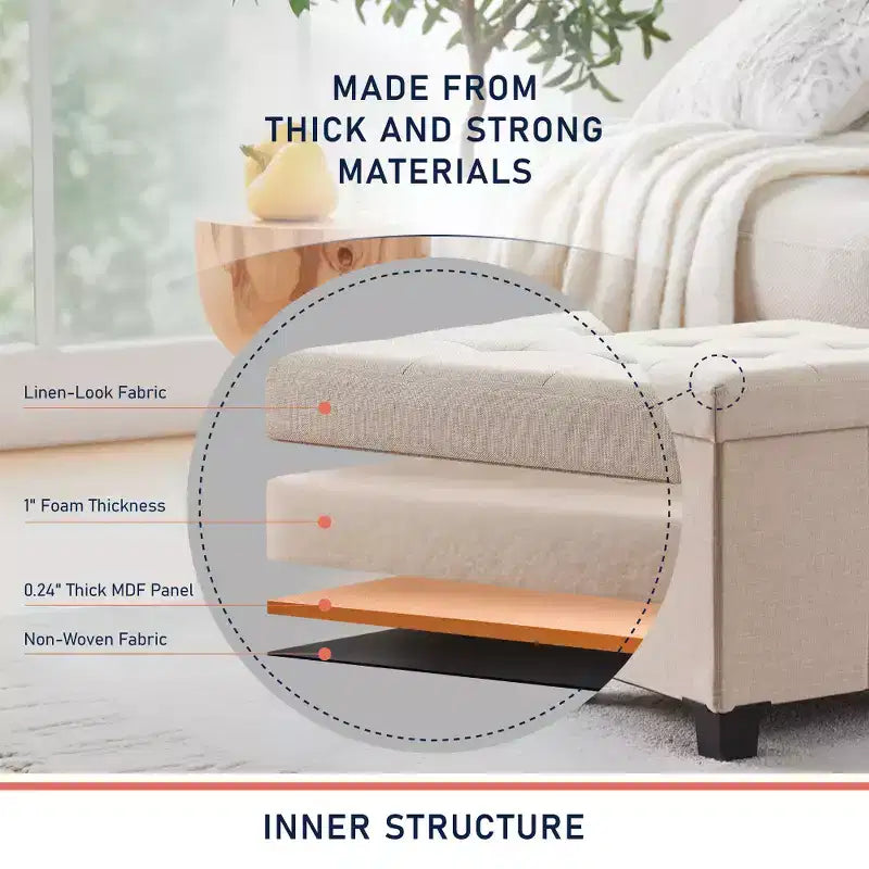 Pouffe de rangement carré en lin de 38 cm avec pieds