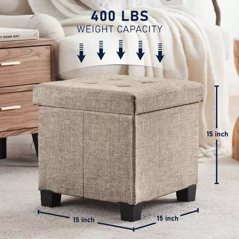 Pouffe de rangement carré en lin de 38 cm avec pieds
