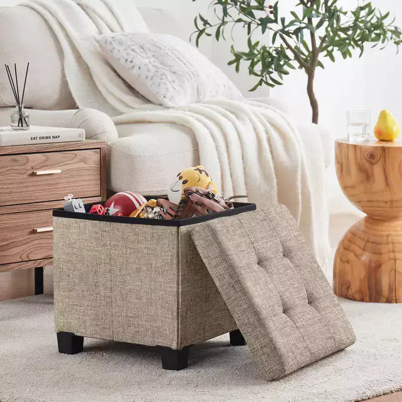 Pouffe de rangement carré en lin de 38 cm avec pieds