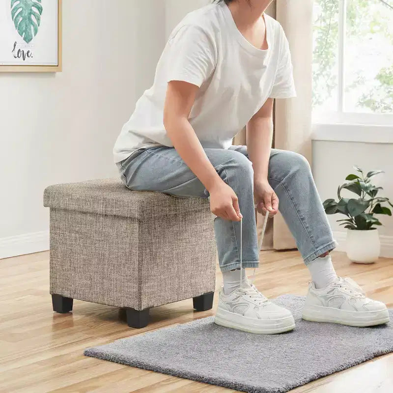 Pouffe de rangement carré en lin de 38 cm avec pieds