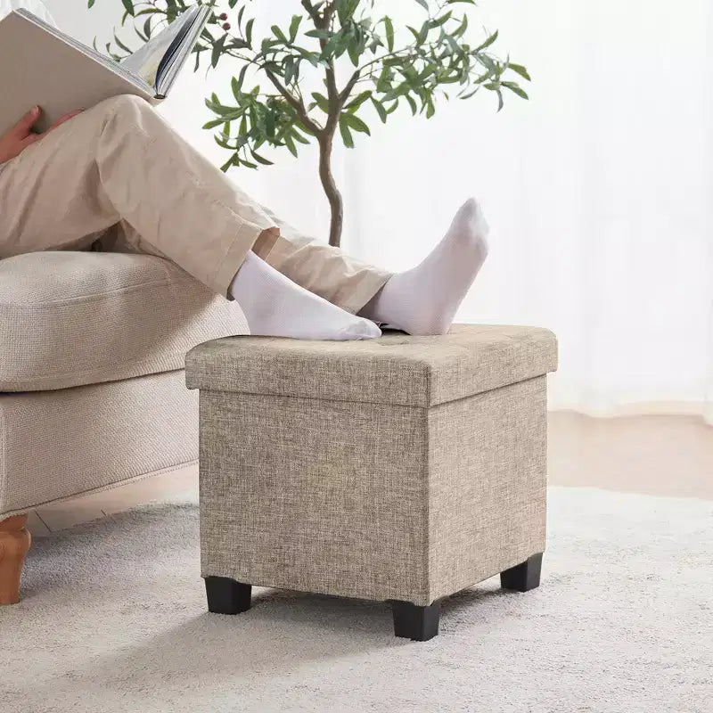 Pouffe de rangement carré en lin de 38 cm avec pieds