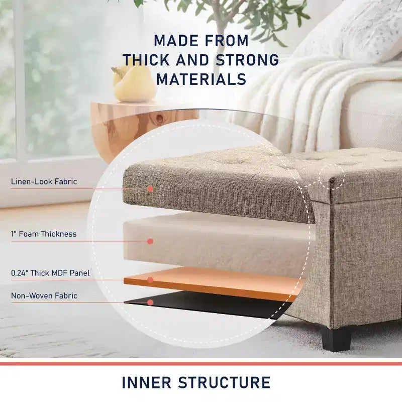 Pouffe de rangement carré en lin de 38 cm avec pieds