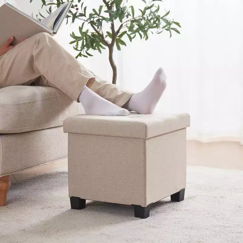 Pouffe de rangement carré en lin de 38 cm avec pieds